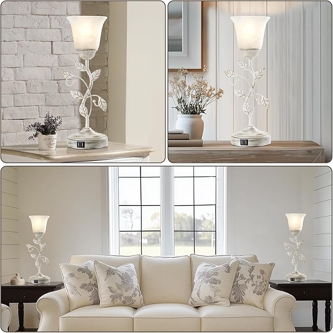 RORIANO Set of 2 Rustic Touch Table Lamps for Bedroom, 3-Way Dimmable Nightstand Flower Lamp with 2 USB Ports, Retro White Glass Shade Leaf Lamp for Living Room Entryway, 2 LED Bulb Included