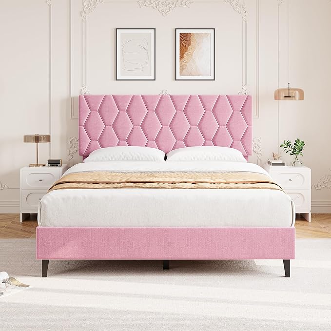 GAOMON Pink Full Bed Frame with Upholstered Headboard, Heavy-Duty Platform Bed Frame with Strong Wood Slats, No Box Spring Needed/Noise Free/Easy Assembly