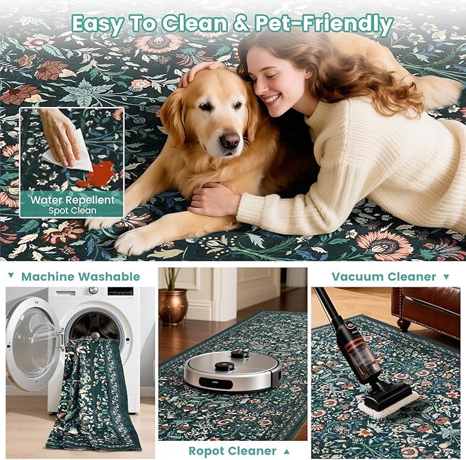 Area Rug Living Room Rug, 6X9 Rugs for Living Room Floral Boho Low Pile Super Soft Washable Rug, Stain Resistant Indoor Floor Non-Slip Carpet for Bedroom Bedside Dining Room Kitchen Nursery, Green
