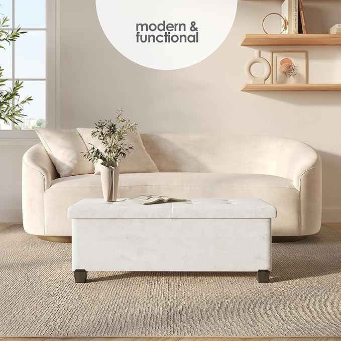 STORAGEBUD Storage Ottoman Bench with Bins, 43-in Storage Bench for Bedroom End of Bed, Folding Foot Rest Ottoman for Living Room Max 660lbs, Velvet Ottomans, Cream