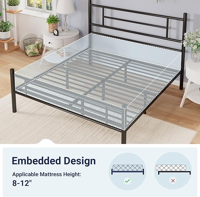 Allewie 14 Inch Queen Size Metal Platform Bed Frame with Headboard and Footboard, Underbed Storage, Strong Metal Slats Support, Mattress Foundation, No Box Spring Needed, Easy Assembly, Black