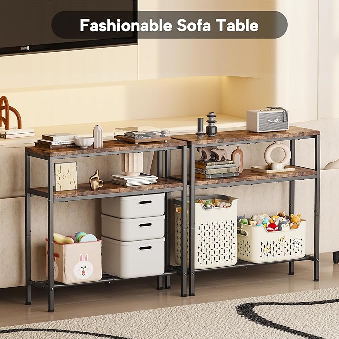 Homeiju Entryway Table with Storage, 3-Tier Console Table 31.5" Width, Industrial Sofa Table with Open Shelves, Foyer Tables for Entryway, Hallway, Kitchen, Living Room and Bedroom, Rustic Brown