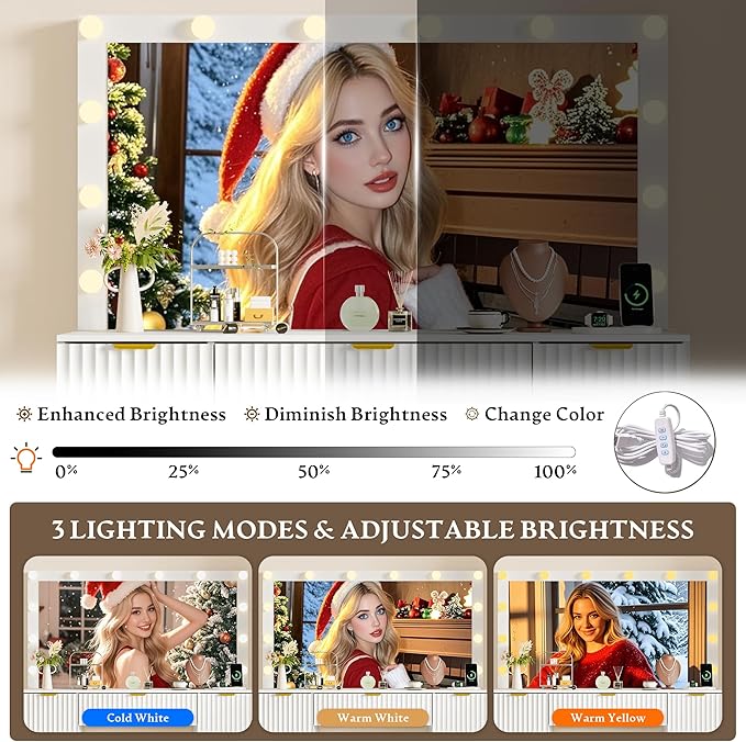 Vanity Desk with Large 42" Mirror and Lights, White Fluted Makeup Table Set with Storage Drawers, Power Outlet & Stool, 3 Lighting Modes & Adjustable Brightness, Dressing Table for Women Girls Bedroom