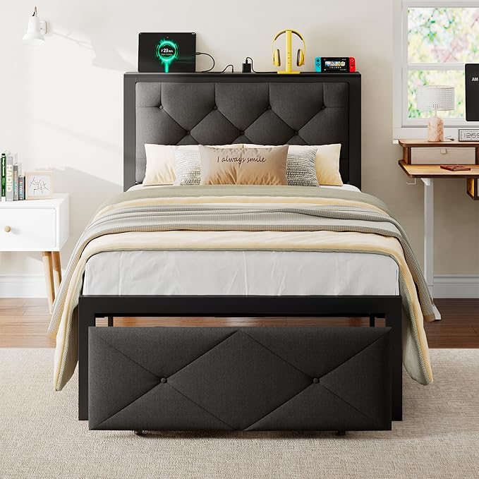 iPormis Twin Bed Frame with Storage Drawers, Linen Upholstered Headboard Platform Bed with Charging Station, No Box Spring Needed, Metal Slats Support, Noise-Free, Easy Assembly, Black