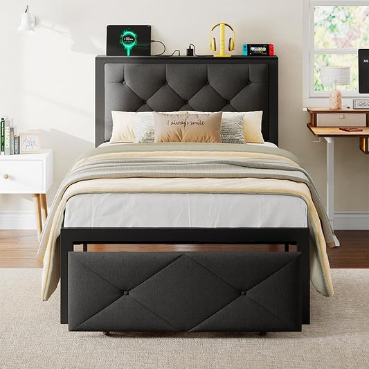 iPormis Twin Bed Frame with Storage Drawers, Linen Upholstered Headboard Platform Bed with Charging Station, No Box Spring Needed, Metal Slats Support, Noise-Free, Easy Assembly, Black