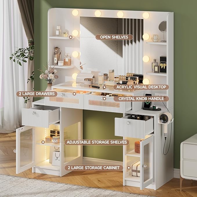 Vanity Desk with Mirror and Lights 3 Colors, 47" Glass Top Fluted Makeup Vanity Desk with Lights & Power Outlet for Bedroom, Dressing Table with 4 Lighted Drawers and 2 storage cabinets, White
