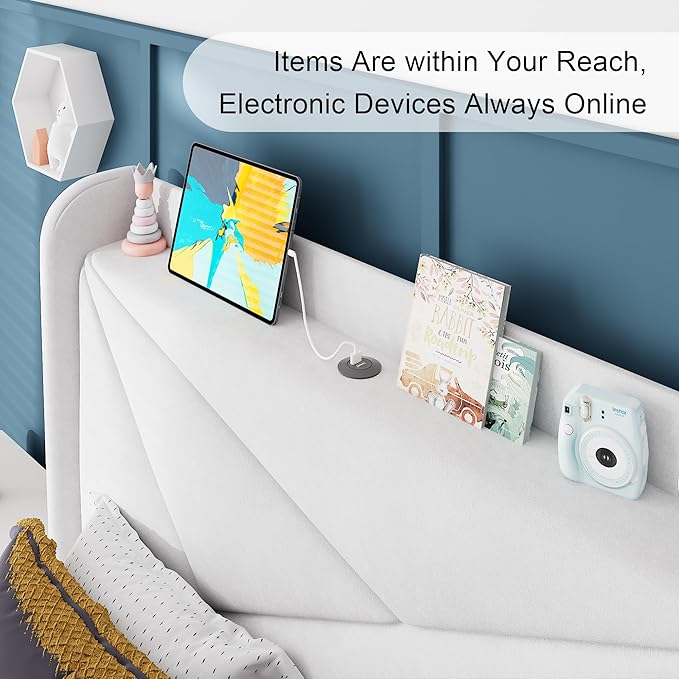 Feonase Twin Bed Frames, Upholstered Bed Frame with Charging Station, Wingback Storage Headboard, No Box Spring Needed, Noise-Free, White