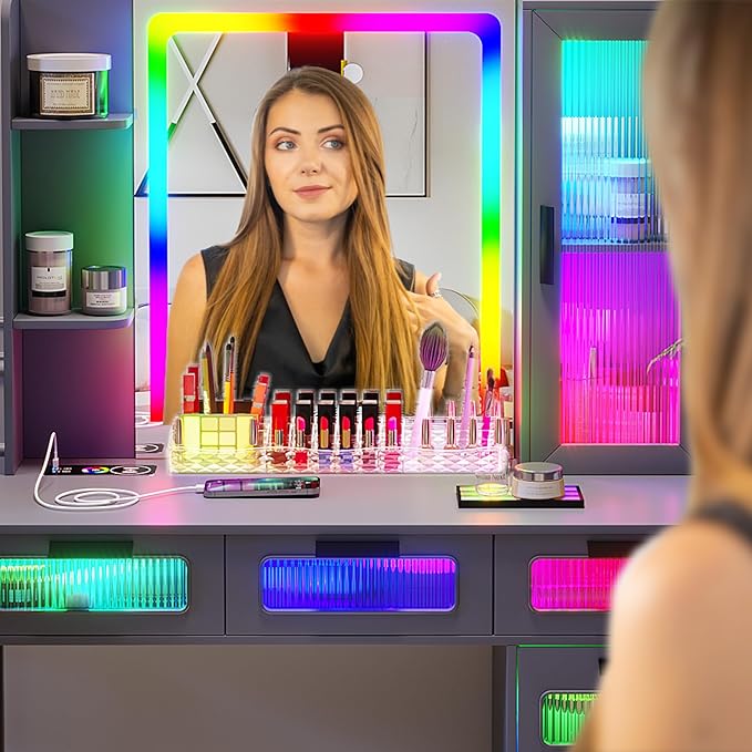 HNEBC Grey LED Vanity, Makeup Vanity with RGB Lights and 6 Drawers for Bedroom, Makeup Desk with USB/Wireless Charging, Dressing Table with Shelves/Cabins/Stool, Vanity Table Set as Gifts for Girls
