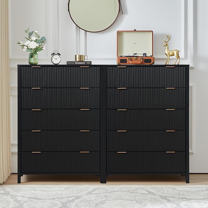 5 Drawer Dressers for Bedroom, Modern Closet Chest of Drawers with Waveform Fluted Panel, Large Wood Storage Dresser Organizer for Nursery Bedroom Living Room Hallway Closet, Black