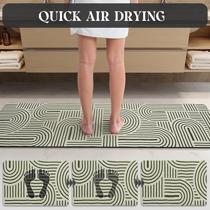 MontVoo -Bath Mat-Non Slip Thin Bathroom Rugs Fit Under Door- Quick Dry Absorbent Faux Suede Surface Grey Bathroom Floor Mats-Shower Rug for in Front of Bathtub Shower Ivory & Green Arched 17x59