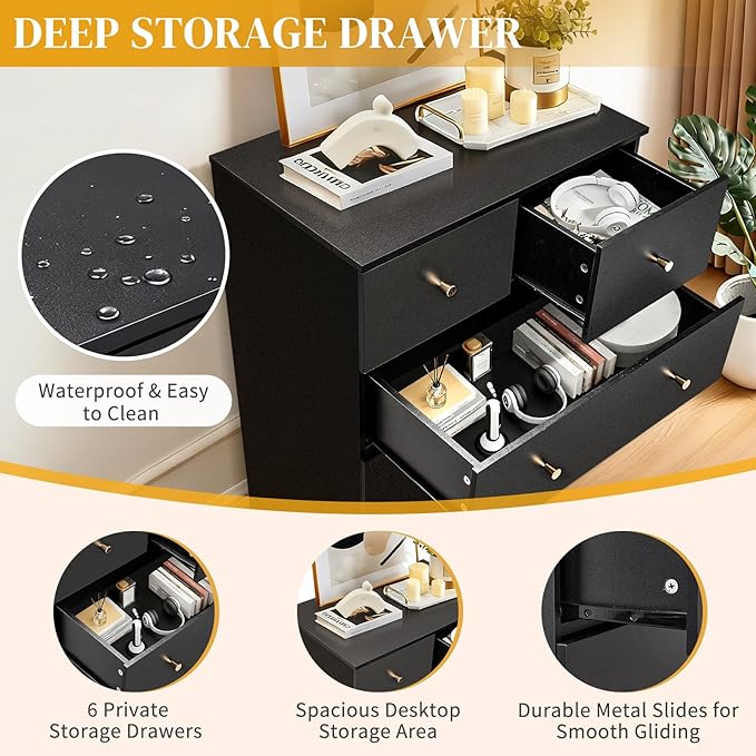 Karl home Black 6 Drawer Dresser for Bedroom, Modern Wood Dresser Chest of Drawers, Pink Bedroom Dressers for Girls, Anti-Tipping Device, Rose Gold Metal Handle, Living Room, Entryway, Hallway, Office
