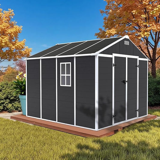8' x 8' Resin Storage Shed Outdoor, PP Material & Strong Structure for All Weather, Plastic Garden Shed w/Window for Garden, Backyard, Poolside and Lawn, 15mm Thick PP Board - Dark Grey
