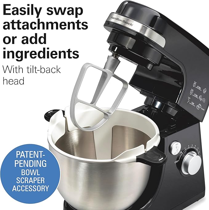 Hamilton Beach Electric Stand Mixer, 4 Quarts, Dough Hook, Flat Beater Attachments, 7 Speeds, Whisk, Stack & Scrape Bowl Scraper, Black