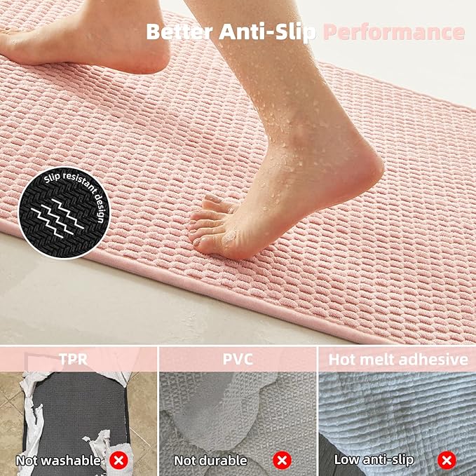 Bathroom Runner Rug, Long Bath Mat Washable Thin Quick Dry Low Pile Bathroom Runner Rugs 24 x 60 Non Slip, Pink 24"x60"
