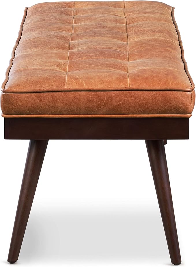 POLY & BARK 55" Tufted Leather Bed Bench for Bedroom End of Bed - Living Room Entry Way Bench - Pure Italian Leather Upholstery with a Solid Wood Frame - Ottoman Bench with Wooden Legs - Cognac Tan