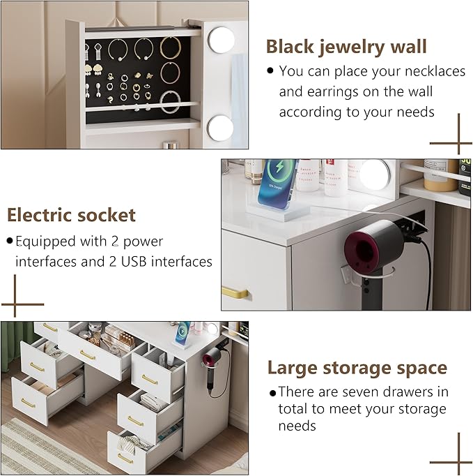 White Makeup Vanity Desk with Lighted Mirror & Power Outlet,3 Color Modes, Brightness Adjustable,Vanity Table with Drawer,Sliding 2 Storage Wall-Mounted Jewelry,4 Shelves for Bedroom
