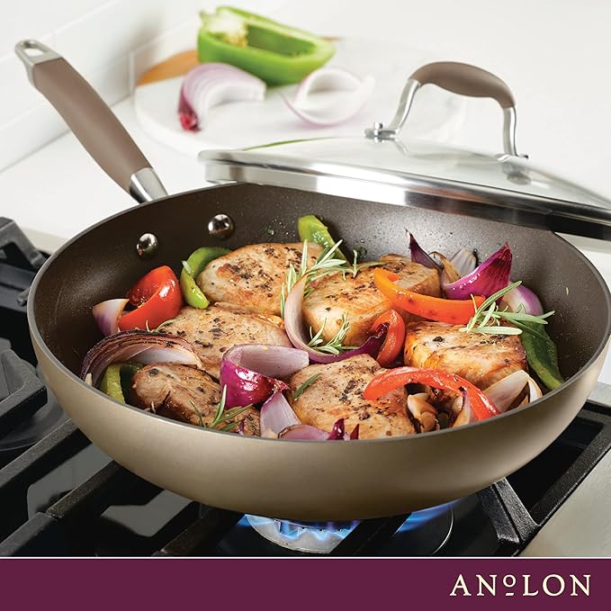Anolon Advanced Home Hard Anodized Nonstick Deep Frying Pan/Skillet with Lid, 12 Inch, Bronze