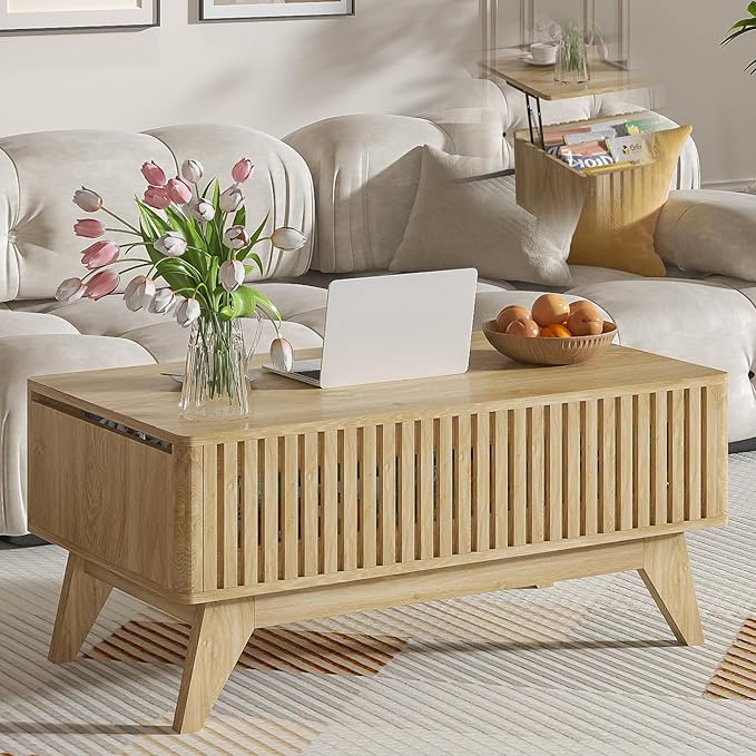 Lift Top Coffee Table with Hidden Compartment, Mid Century Modern Coffee Table for Living Room, Fluted Design Farmhouse Center Table with Storage (Wood, 35.4" W)
