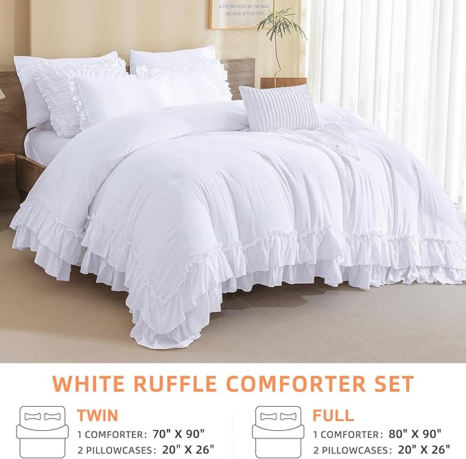 QSH White Comforter Full with Ruffles,3PCs Shabby Boho Chic Farmhouse Bedding Comforter Set Full Size Soft Vintage Fluffy Microfiber White Ruffle Bedding Set