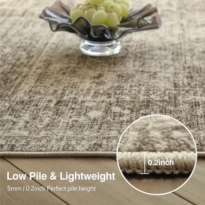FMFUNCTEX 6x9 Washable Area Rug Vintage Neutral Distressed Large Taupe Non Slip Carpet for Living Room Bedroom Soft Low Pile Indoor Mat Retro Floral Throw Rug for Dining Room Kitchen Office Nursery
