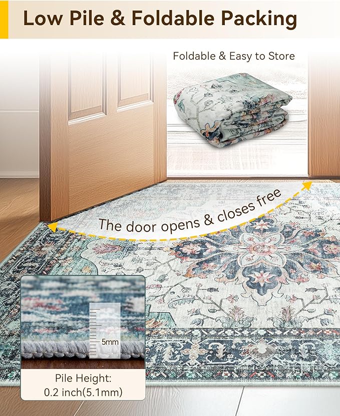 Area Rugs 2'x8' Washable Non-Slip, Floral Vintage Distress Print Pattern Medallion Carpet for Living Room Bedroom Dining Room, Green Navy Blue White Red Teal Colorful