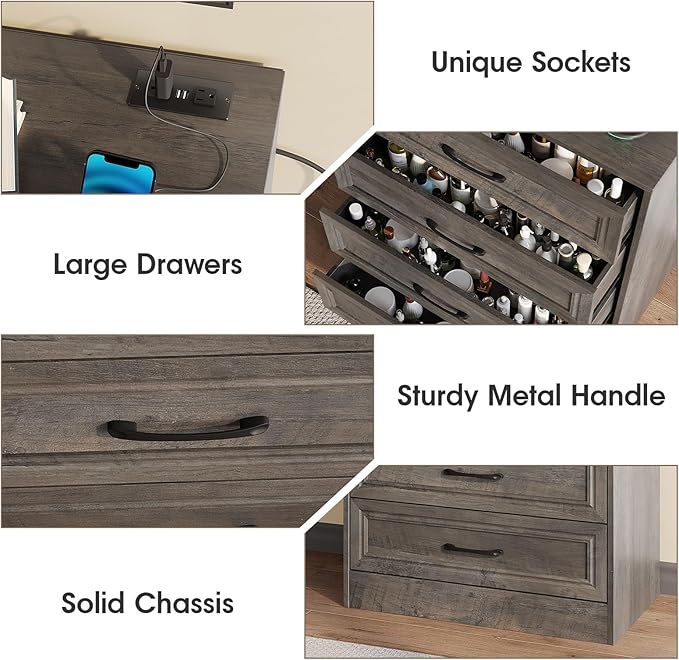 Fameill Dresser for Bedroom, 4 Drawer Small Dresser Organizer with Charging Station for Livingroom, Chest of Drawers with Metal Handles, Ash Grey