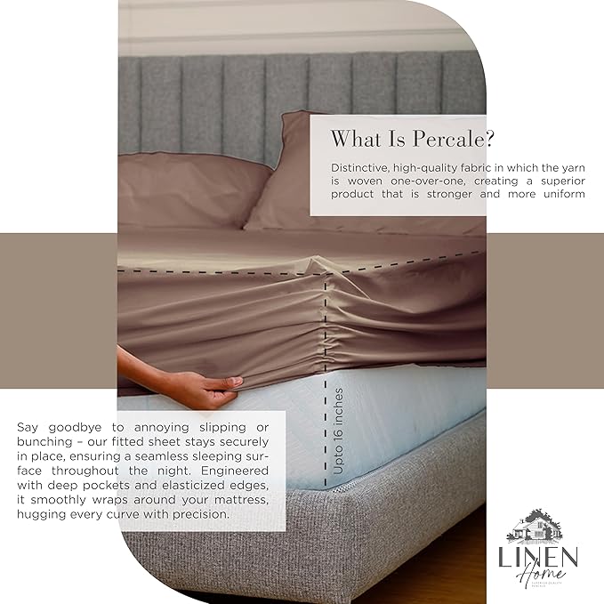 Linen Home 100% Cotton Percale Sheets Twin Size, Taupe, Deep Pocket, 3 Pieces Set - 1 Flat, 1 Deep Pocket Fitted Sheet and 1 Pillowcase, Crisp Cool and Strong Bed Linen