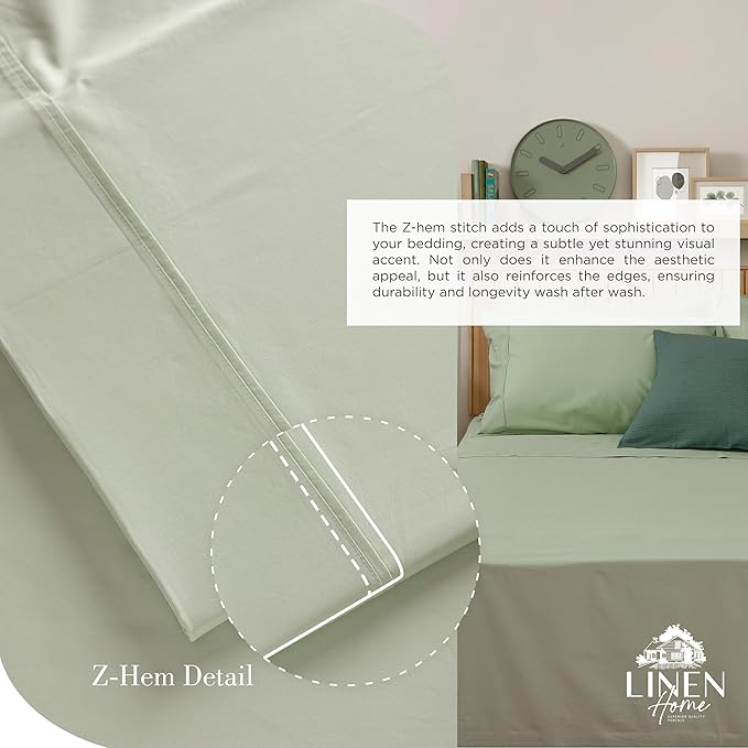 Linen Home 100% Cotton Percale Sheets Full Size, Sage, Deep Pocket, 4 Pieces Set - 1 Flat, 1 Deep Pocket Fitted Sheet and 2 Pillowcases, Crisp Cool and Strong Bed Linen