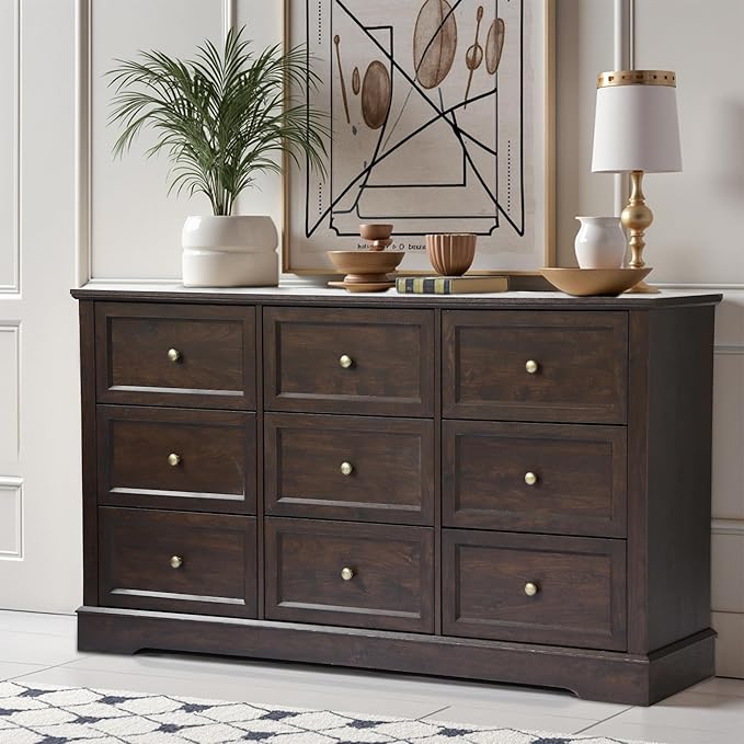Farmhouse Dresser 9 Drawer, Bedroom Chest of Drawers, Dressers with 9 Drawers, Wooden Dressers for Bedroom, Living Room, Tv Stand, Entryway (Brown-9 Drawers)
