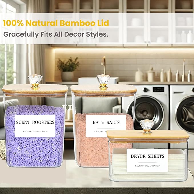 3 Pack Large Laundry Powder Container and Dryer Sheet Holder with Airtight Lid, Clear Plastic Laundry Pods Container for Laundry Room with Scoops, 12 Lables