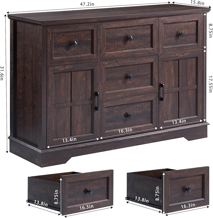 5+2 Cherry Dresser for Bedroom, Chest of Drawers for Bedroom with Wooden Drawers and Cross Doors, Wood Dressers Storage TV Stand for Bedroom, Living Room