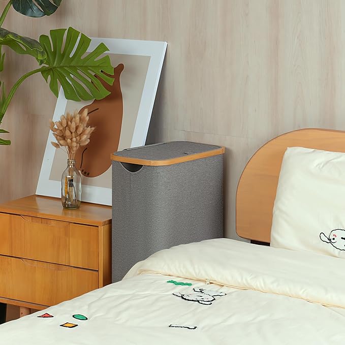 Slim Laundry Basket with Wheels,Narrow Hampers for Laundry, Laundry Hamper with Lid&Bamboo Handles,Collapsible Waterproof Tall Cloth Hamper for Dorm Family(60L Grey)