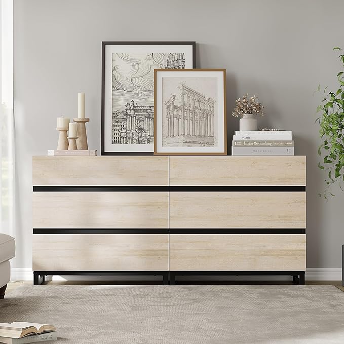 WAMPAT Dresser for Bedroom, Closet Organizers and Storage with 6 Drawers, Chest of Drawers with Metal Base, Modern Wood Dresser for Living Room, Bedroom,Light Oak