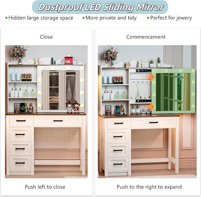 Farmhouse Makeup Vanity, Vanity Desk with Built-in Charging Station, Wood Vanity Set with 3 Levels of Open Storage Shelves & 3-Color Lighting, Makeup Desk with Hidden Storage, White