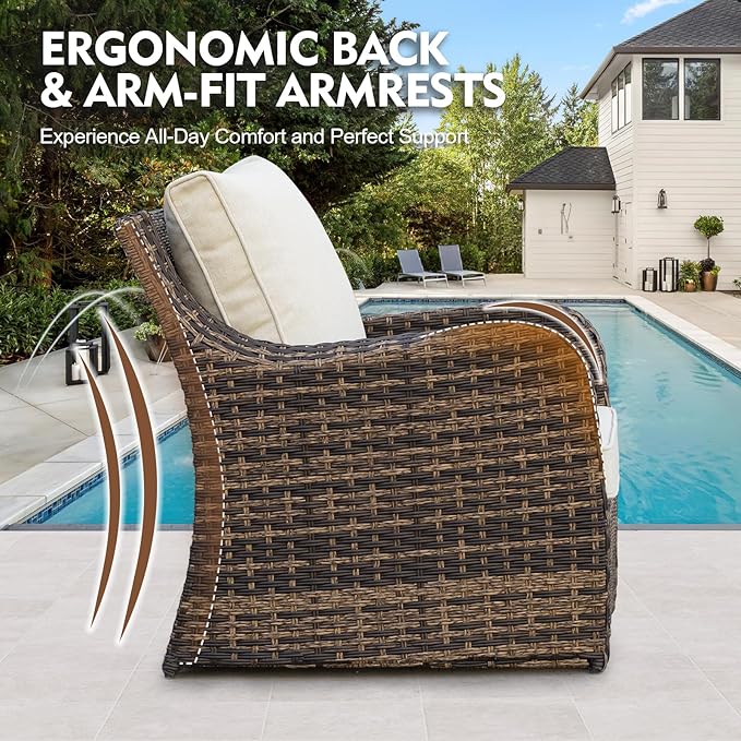6 Pieces Outdoor Patio Furniture Set, Wicker Patio Conversation Set, Patio Sectional Furniture Set with 2 Single Chair and Sofa, 2 Ottomans and Dining Table (Brown)