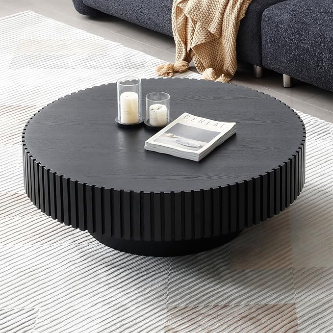 Round Coffee Table for Living Room, Accent Fluted Drum Coffee Table with Storage, Modern Solid Wood Circle Center Tea Table for Small Space Apartment (35.4''D×14''H-Black)