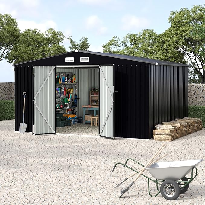 8x10 FT Metal Storage Sheds Outdoor with Floor, Metal ToolShed with Lockable Door, Metals Yard Sheds Metals Garden Shed Kit, MetalUtility Sheds Buildings with Air Vent for Backyard Garden Patio Lawn