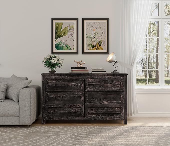 Farmhouse 6 Drawers Dresser, Wood Rustic Chest of Drawer for Bedroom, Closet Storage Dressers Organizer, 6 Drawers Chest for Living Room, Hallway, Dark Rustic Oak