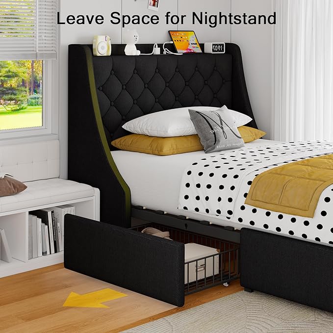 Twin Bed Frame with 4 Storage Drawers, Upholstered Modern Bed Frame with Wingback Headboard, Charging Station, No Box Spring Needed, Noise-Free, Black
