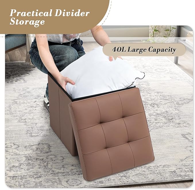 Athena Collection Leather Square Ottoman with Storage, 15 Inch Small Storage Ottoman, Multipurpose Footstool Foot Rest for Living Room, Bedroom, Dorm, Brown