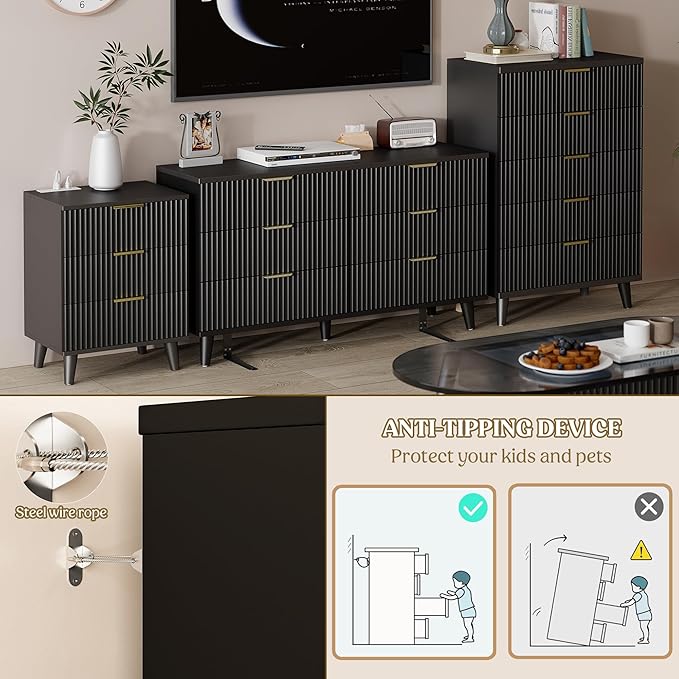 Lulive Black Dresser for Bedroom Wood Dressers Chest of Drawers, Fluted 53.2" Wide Modern Long Dresser TV Stand 6 Drawers for Bedroom, Closet, Living Room, Hallway