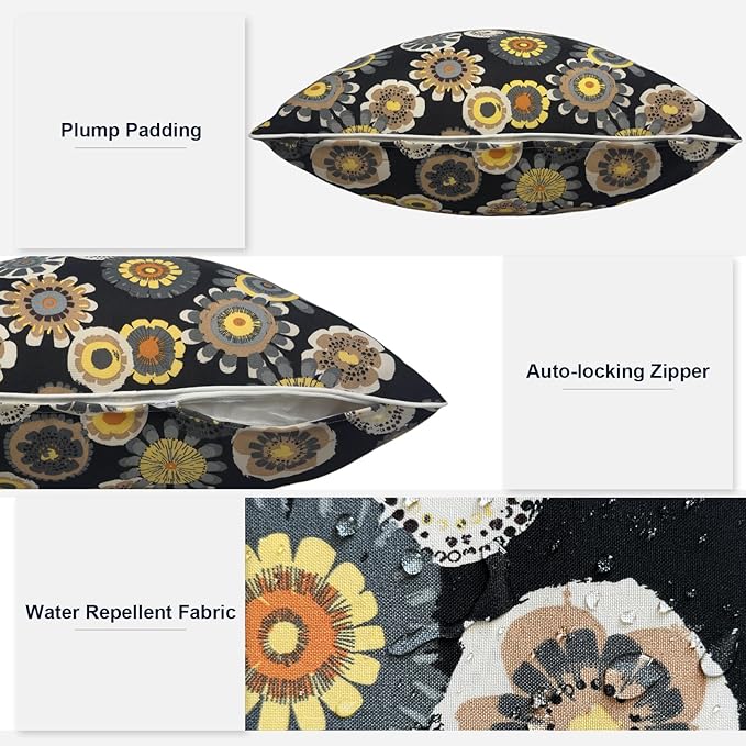 Outdoor Throw Pillow Covers Pack of 2, Decorative Water Repellent Square Pillow Cases 18x18 Inch, Patio Pillowcases for Home Patio Furniture Use, Black Yellow Crosby