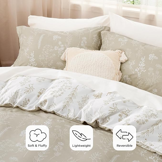 Bedsure Twin/Twin XL Comforter Set - Linen Bed Set, 2 Pieces Cute Floral Bedding, 1 Soft Reversible Botanical Flowers Comforter and 1 Pillow Sham