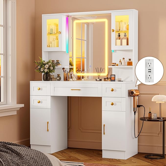 KAMABOKO Vanity Desk with Mirror & RGB Lights & Power Outlet, Large Makeup Vanity Table with 5 Drawers and 4 Storage Cabinets, Dressing Table for Bedroom Dressing Room (White)