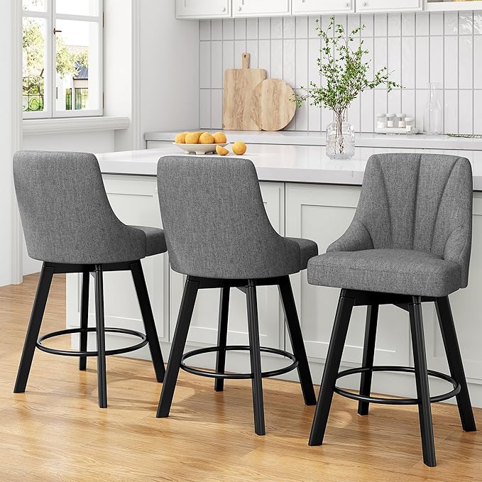 Swivel Bar Stools, 24" Counter Height Bar Stools Set of 3, Fabric Upholstered Counter Barstools with Solid Wood Legs for Kitchen Island, Home Bar, Dark Gray