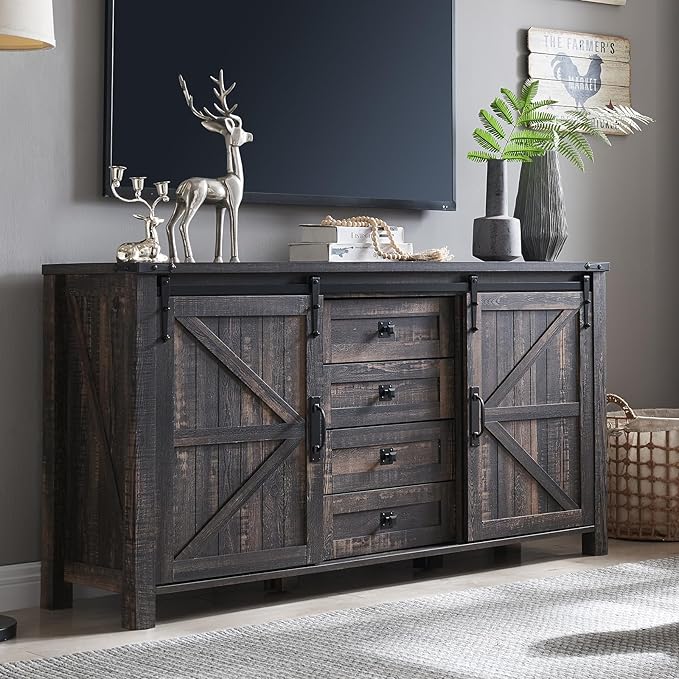 T4TREAM 60'' Farmhouse Dresser Chests for Bedroom w/4 Drawers & Sliding Barn Doors, Wide Dresser TV Stand, Tall Chest of Drawers, Rustic Dresser Organizer for Bedroom, Living Room, Dark Rustic Oak