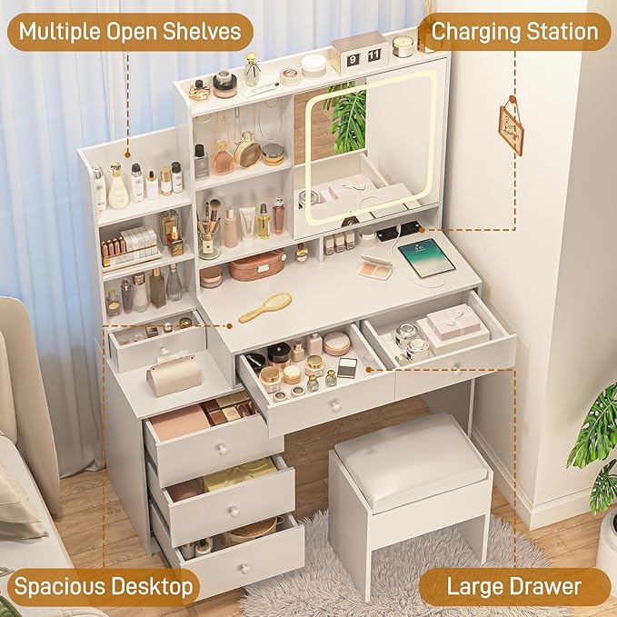 Vabches Makeup Vanity with LED Lights Mirror and Charging Station, Vanity Desk with Multiple Shelves and Drawers, Makeup Desk with Stool, Dressing Desk with 3 LED Light Models for Bedroom, White