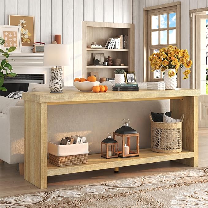63 Inches Narrow Console Table, 2-Tier Long Sofa Tables Behind Couch Table, Farmhouse Foyer Tables for Entryway, Hallway, Living Room, Oak Natural