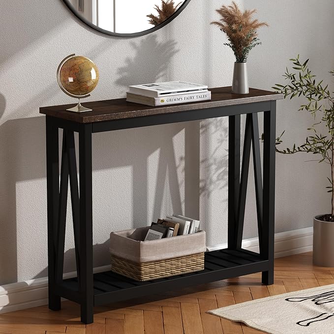 ChooChoo Console Table for Entryway Sofa Tables Living Room Farmhouse, Hallway Foyer Table Narrow with Shelf, Black