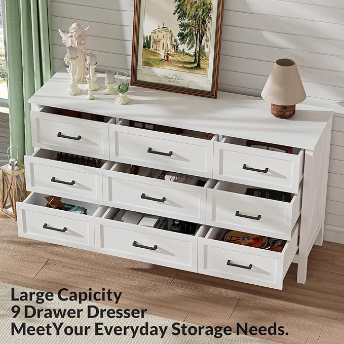 LYNSOM Farmhouse 9 Drawers Dresser for Bedroom, 55" Wide Wood Rustic Chest of Drawers with Natural Texture, Metal Handle, Storage Dressers Organizer for Entryway, Hallway, White